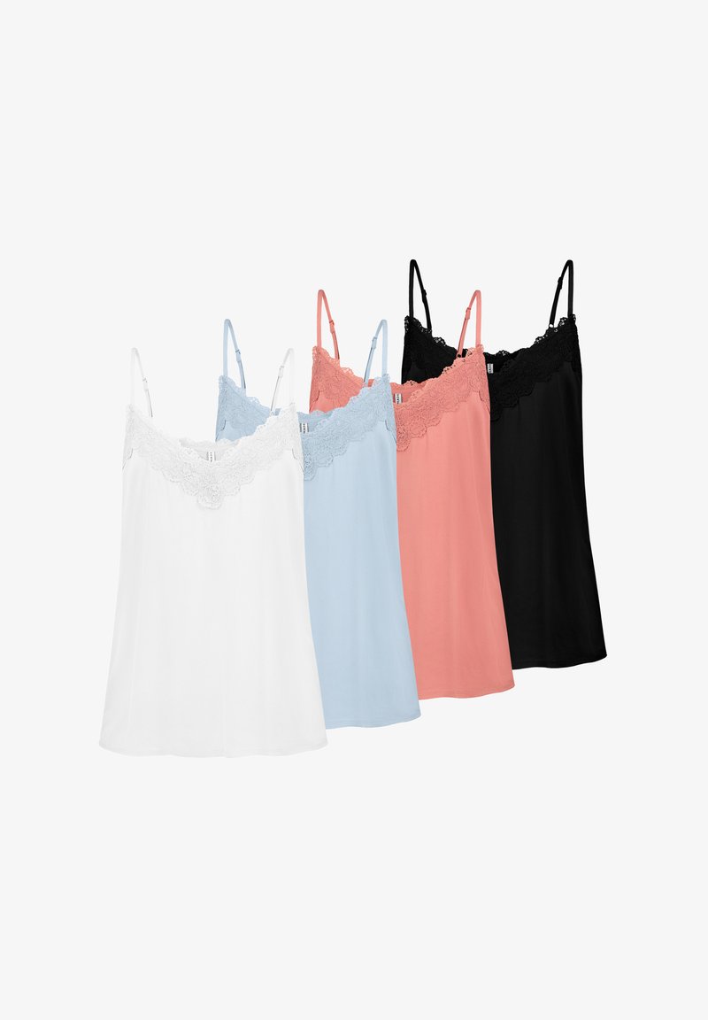 Four camisoles: white, light blue, coral, and black. Each has a lace trim along the neckline and adjustable spaghetti straps.