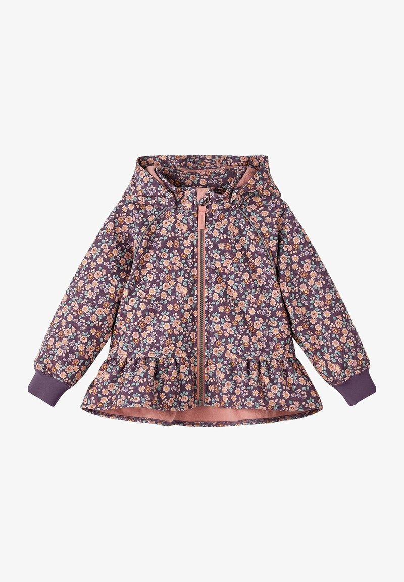 Veste à capuche pour enfants de couleur violette avec motif floral rose, fermeture éclair à l'avant, ourlet volanté et poignets côtelés.