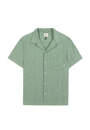 Light green short-sleeve button-up shirt with subtle floral pattern, pointed collar, and single chest pocket by Faguo brand.