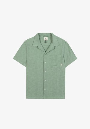 Camicia verde chiaro a maniche corte con bottoni, motivo floreale sottile, colletto appuntito e una tasca sul petto, del marchio Faguo.