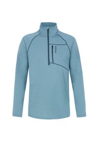 Pullover in pile azzurro chiaro con colletto alto, chiusura a mezza zip e tasca sul petto con zip. Presenta dettagli in cuciture scure e maniche lunghe.