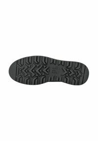 Suola nera di scarpa con modelli di battistrada profondi e angolari, compresi frecce e stelle, progettata per aderenza e durata.