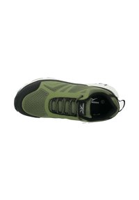 Green athletic shoe with mesh upper, lace-up design, black accents, padded collar, and textured rubber sole.