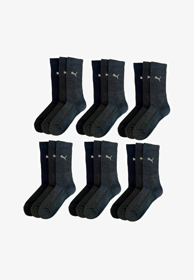 Vier Paar gerippte Socken in Dunkelgrau und Marineblau, mit einem kleinen weißen Logo auf jeder Socke, aus einem weichen, strukturierten Material gefertigt.