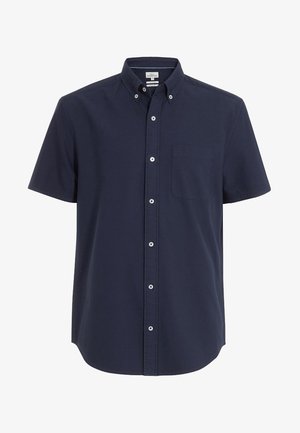 Chemise à manches courtes bleu marine en coton, dotée d'une poche poitrine, d'un col boutonné et de détails intérieurs bleu clair.