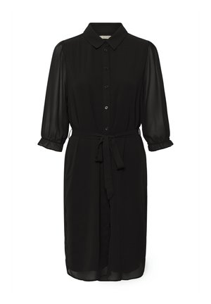 Černé šaty s límcem, knoflíkovou přední částí a tříčtvrtečními průhlednými rukávy. Obsahuj�í přiléhavý pás a měkkou texturu látky.
