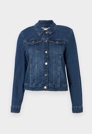 Jachetă din denim, de culoare albastră închisă, cu un design ajustat, mâneci lungi, închidere cu nasturi, două buzunare pe piept și guler clasic. Material cu textură uniformă.