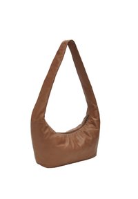 Borsa a spalla in pelle marrone con forma a hobo, dotata di chiusura con zip, texture liscia e una sola tracolla larga per una facile portabilità.