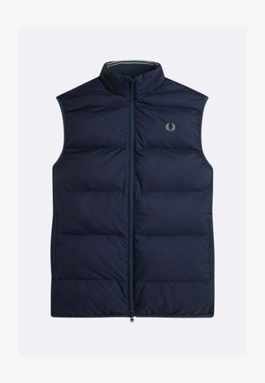 Gilet imbottito blu navy con collo alto, chiusura frontale con cerniera e dettaglio logo. Presenta un design trapuntato e tessuto liscio e leggero.