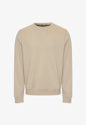 Beige crewneck sweatshirt with long sleeves. Smooth fabric, ribbed cuffs and hem, subtle logo on the chest, and central seam detail on the neckline.