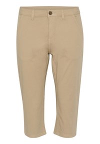 Helle beige, kurz geschnittene Hose aus glattem Baumwollstoff, mit einem Frontknopfverschluss, zwei Seitentaschen und dezenten Steppnähten.