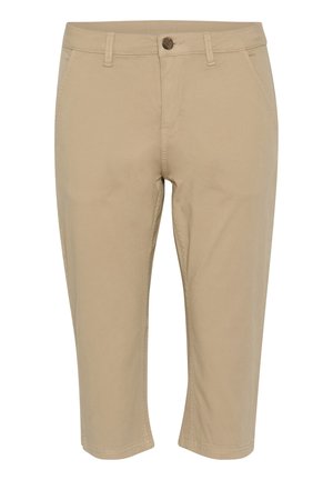 Pantaloni cropped color beige chiaro realizzati in morbido cotone, con chiusura frontale a bottone, due tasche laterali e dettagli di cucitura sottili.