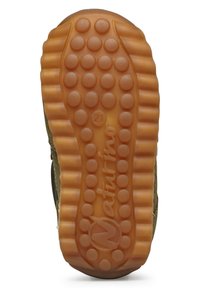 Suola in gomma con un motivo circolare texturizzato; colore marrone chiaro; la vista laterale mostra un design flessibile e robusto, pensato per la trazione.