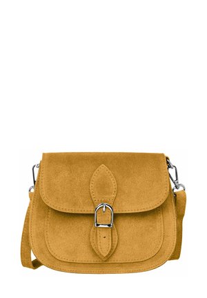 Mustard yellow suede crossbody bag with a flap closure featuring a leaf-shaped accent and silver hardware. Smooth texture, rectangular shape.