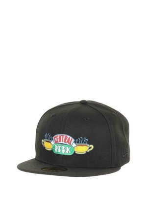 Black snapback hat featuring colorful embroidered "Central Perk" logo with two coffee cups and steam accents on the front.