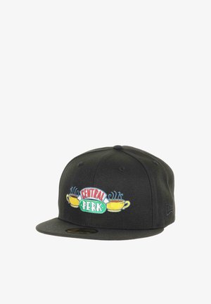 Black snapback hat featuring colorful embroidered "Central Perk" logo with two coffee cups and steam accents on the front.