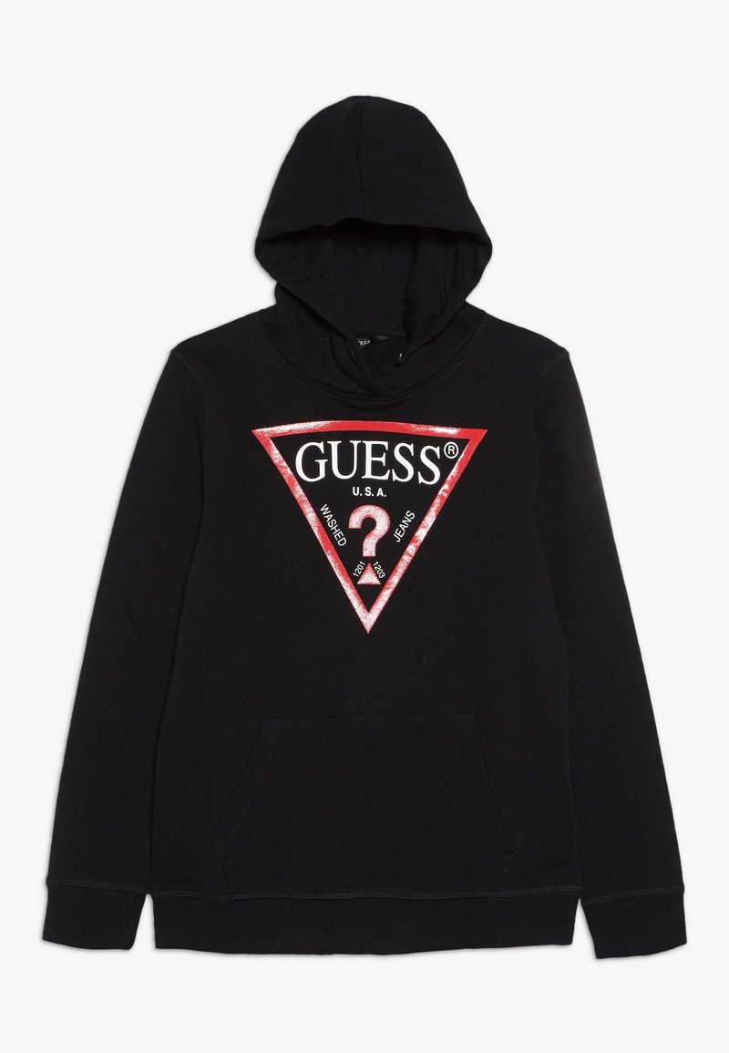 Felpa nera con cappuccio, tasca frontale a marsupio e logo triangolare rosso di Guess con un punto interrogativo e il testo "WASHED JEANS U.S.A."