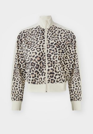 Jachetă cu fermoar cu imprimeu de leopard, cu guler înalt, având o bază crem, material moale și manșete și tiv ribbed.