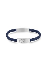 Bracelet en cuir tressé navy avec une fermeture en métal couleur argent arborant un motif géométrique gravé et un logo.