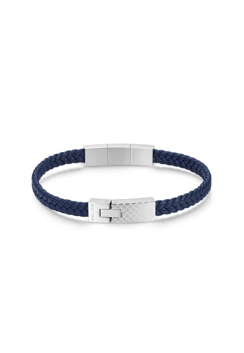 Bracelet en cuir tressé navy avec une fermeture en métal couleur argent arborant un motif géométrique gravé et un logo.