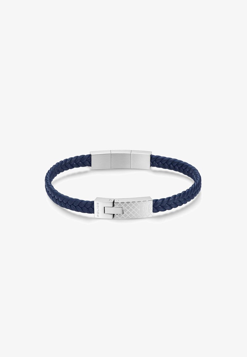 Bracelet en cuir tressé navy avec une fermeture en métal couleur argent arborant un motif géométrique gravé et un logo.