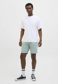 Vit bomull t-shirt, mintgröna shorts med upprullad fåll, svarta sneakers och vita strumpor med svarta ränder. Behaglig bakgrund.
