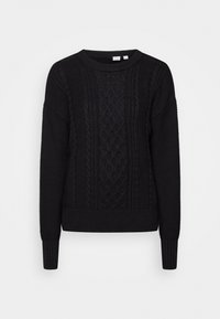 Mustassa neulotussa villapuserossa on tekstiilinen kaapelimuotoilu edessä, ribbaus kauluksessa, hihoissa ja helmoissa. Rentoa istuvuutta ja pitkät hihat.