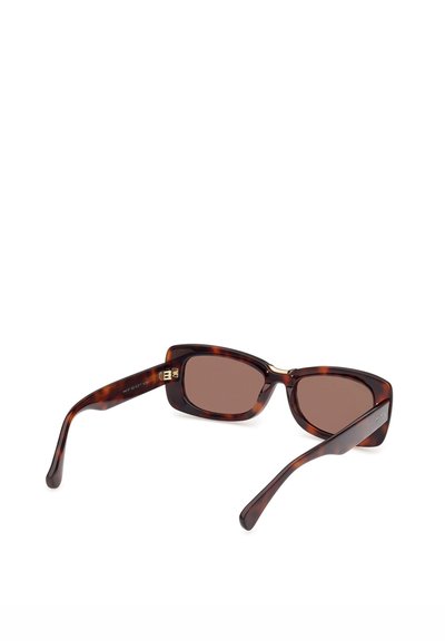 Tortoiseshell rectangular sunglasses with dark brown lenses, slightly curved arms, displayed at an angle on white background.