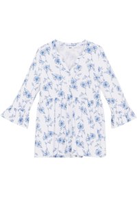 Blusa bianca con motivi floreali blu, scollatura a V, chiusura frontale con bottoni e maniche a tre quarti con volant. Tessuto morbido e vestibilità comoda.