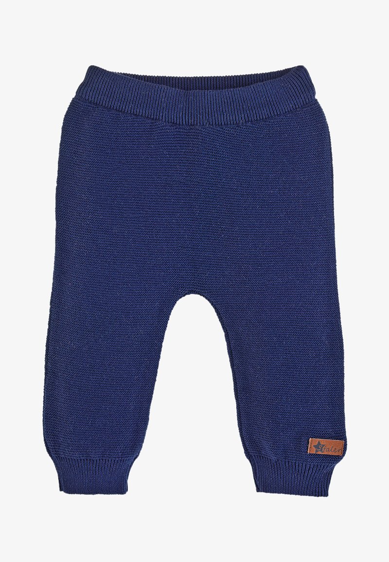 Navyfarbene gestrickte Babypants mit einem gerippten Bund und Bündchen, die ein strukturiertes Gewebe aufweisen und ein kleines braunes Lederetikett an der Seite haben.