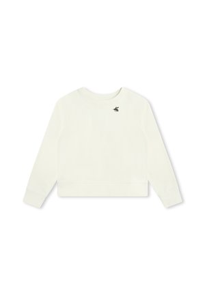 Pull en sweat crème clair avec manches raglan, encolure ronde et un logo de abeille brodé sur la poitrine. Texture douce et lisse.