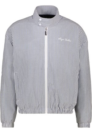 Gestreepte windbreaker-jack in marineblauw en wit, voorzien van een hoge kraag, een voorrits, elastische manchetten en een tailleband voor een getailleerde silhouette.