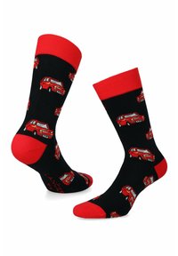 Czarne skarpetki z czerwonymi akcentami i wzorami czerwonych samochodów. Posiadają prążkowany mankiet i wzmocnioną piętę. Wykonane z elastycznego materiału dla komfortu.