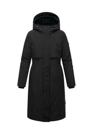 Parka negra de longitud hasta la rodilla con capucha, cierre de cremallera y dos bolsillos frontales. Presenta un exterior suave y un forro interior de tacto suave.