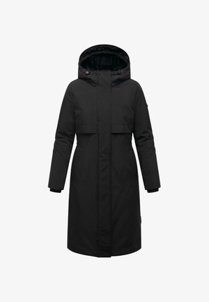 Mustat, polvipituiset parkatakki, jossa on huppu, vetoketjukiinnitys ja kaksi etutaskua. Takissa on sileä ulkopinta ja pehmeä sisävuori.