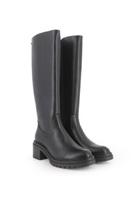 Botas negras hasta la rodilla, hechas de cuero suave, con un tacón cuadrado y suela texturizada. Presentan un cierre lateral con cremallera y un sutil detalle de costura.