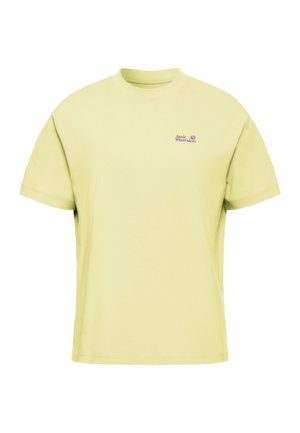 T-shirt di cotone gialla con vestibilità comoda, maniche corte e collo rotondo. Presenta un piccolo logo viola sul lato sinistro del petto.