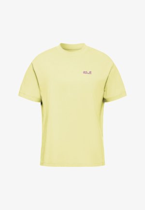 T-shirt di cotone gialla con vestibilità comoda, maniche corte e collo rotondo. Presenta un piccolo logo viola sul lato sinistro del petto.