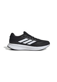 Black athletic shoe with a textured mesh upper, white three-stripe logo, and a thick white midsole labeled "CLOUDFOAM."