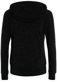 Svart långärmad hoodietröja med en subtil melerad struktur, visad bakifrån.