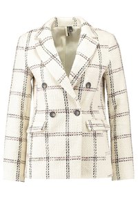Veston croisé texturé crème avec un motif à carreaux noirs et roses, col cranté et poches à rabat.