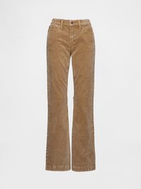 Brown corduroy flared jeans featuring a button closure, front pockets, and subtle texture, designed for a fitted waist and loose fit legs.