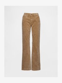 Vaqueros de pana marrón acampanados que cuentan con un cierre de botón, bolsillos delanteros y una textura sutil, diseñados para una cintura ajustada y piernas holgadas.