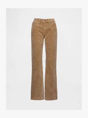 Brune corduroy flared jeans med knaplukning, forlommer og subtil tekstur, designet til en tætsiddende talje og løse ben.