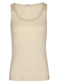 Beige tanktop met een zachte textuur, voorzien van metalen accenten op de schouderbanden en een ronde halslijn.