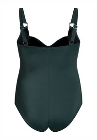 Dunkelgrüner Einteiler-Badeanzug mit verstellbaren Trägern, glatter Textur, geformten Cups und minimalistischem Design. Rückansicht gezeigt.