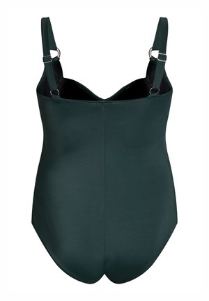 Tume roheline ülikondujakk reguleeritavate rihmadega, siledat tekstuuri, vormitud topidega ja minimalistliku disainiga. Näidatud on tagantvaade.