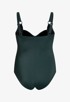 Dunkelgrüner Einteiler-Badeanzug mit verstellbaren Trägern, glatter Textur, geformten Cups und minimalistischem Design. Rückansicht gezeigt.