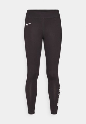 Black athletic leggings made of stretchy fabric. Features a fitted design, high waist, and white logo detailing on the left side.