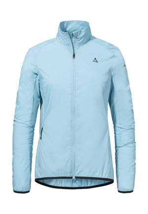 Hellblaue leichte Jacke mit durchgehendem Frontreißverschluss, Stehkragen und kleinem Logo auf der Brust und am Ärmel, entworfen für den Außeneinsatz.